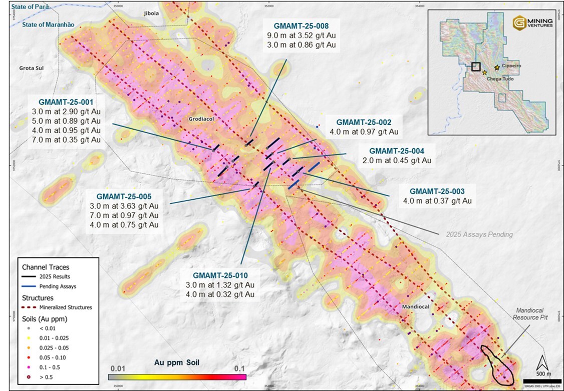 Figure 6 - Grodiocal Target soil sampling and Trenching results (CNW Group/G Mining Ventures Corp)