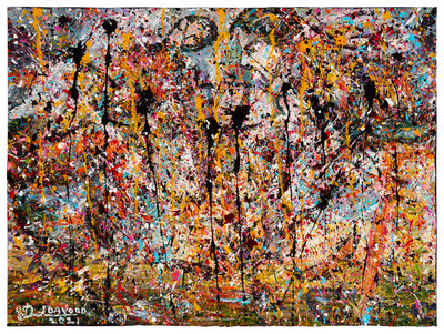 Davood Roostaei developed “Cryptorealism,” a symbol-rich, layered style blending abstraction and figuration. Art critic Peter Frank described Cryptorealism as “swallowing idea and fact… into vortices of paint.” Davood Roostaei (1959-2023), 