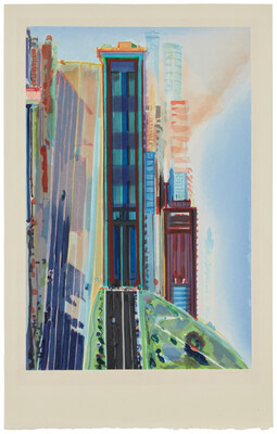 Wayne Thiebaud’s Hill Street (1987), a color woodcut printed in Kyoto captures the artist’s mastery of perspective and color, transforming San Francisco’s hills into luminous, abstracted compositions. Wayne Thiebaud (1920-2021), 