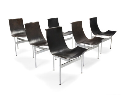 William Katavolos (1924-2020), Ross Littell (1924-2000) & Douglas Kelley (b. 1928), A set of six 'T' chairs for Laverne Originals, mid-20th century. Designed 1952, With steel frames and later replaced black leather sling seats, 6 pieces, Each: 32