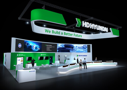 A bird’s-eye view of HD Hyundai’s exhibition booth at Gastech 2025 in Milan, Italy
