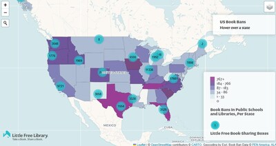 Newly released interactive map shows the areas hit hardest by book bans, overlaid with corresponding Little Free Library locations where books are freely available.