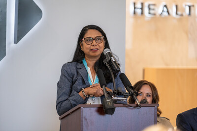 Sarika Aggarwal, MD, MHCM, Chief Medical Officer, Fast Pace Health speaking at the HealthTrackRx UPS Healthcare at Labport Ribbon Cutting
