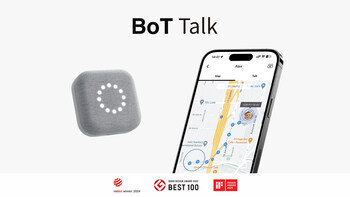 BoT Talk GPS tracker device shown next to smartphone app with live map and tracking.