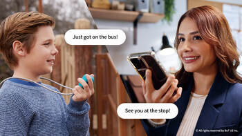 Child using BoT Talk GPS tracker with 2-way voice to message mom, shown replying on smartphone.