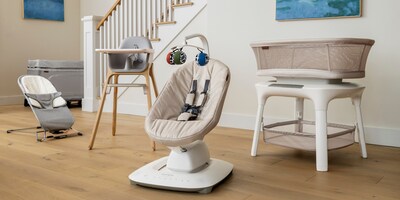 UPPAbaby Home Collection, featuring (from left to right): the Mira Bouncer, Remi Playard, Ciro High Chair, the new Mamaroo Smart Swing, and the new Soma Smart Bassinet