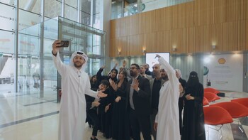Stars of Science alumnus Mohammed Al-Qassabi captures a celebratory moment with contestants during the casting of Stars of Science Season 17. Stars of Science alumnus Mohammed Al-Qassabi captures a celebratory moment with contestants during the casting of Stars of Science Season 17.