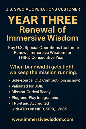 Key U.S. Special Operations Customer renews Immersive Wisdom's Ultra-Low Bandwidth Communications Software for Third Consecutive Year