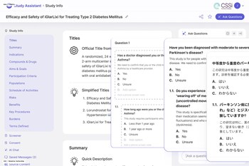 Clinical trial recruitment platform showing automated patient screening, real-time translation, and multilingual study support powered by HumanTrue and CSSi.