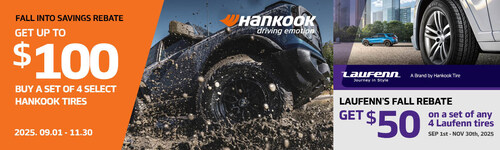 Hankook’s fall rebate offers savings on popular SUV, light truck, EV, and performance tires.