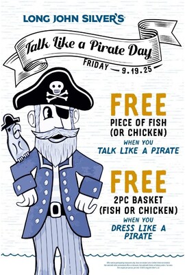 On Sept. 19, channel your inner swashbuckler in celebration of “Talk Like a Pirate Day” and enjoy some FREE tasty treasure.