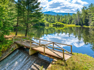 A charming, lakeside footbridge provides access over a small damn that feeds into Frenchs Brook. The brook runs approx. three-quarters of a mile through the property and is excellent for trout fishing. NewYorkLuxuryAuction.com.