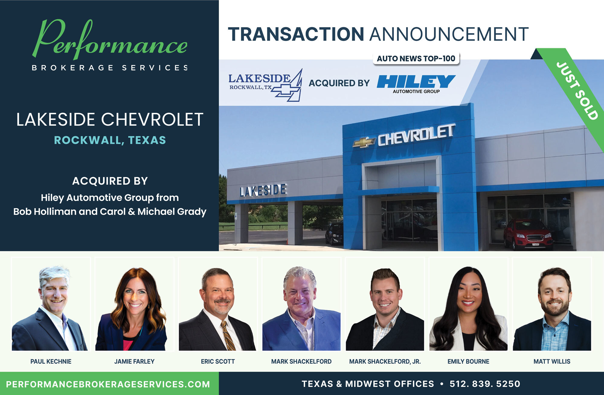 Performance Brokerage Services Advises on the Sale of Lakeside Chevrolet in Rockwall, Texas to Top-100 Dealership Group, Hiley Automotive Group