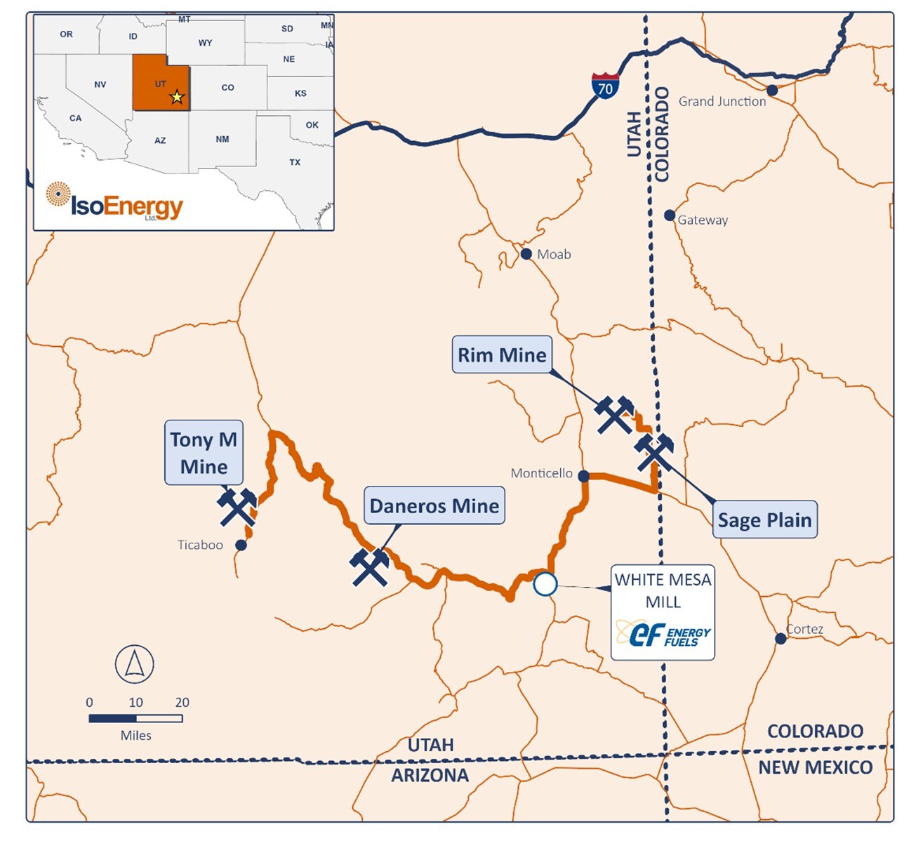 Figure 2: Location of IsoEnergy exploration projects and past-producing mines in southeastern Utah. The Flatiron project is seven miles northwest of the Tony M mine (Figure 1) (CNW Group/IsoEnergy Ltd.)