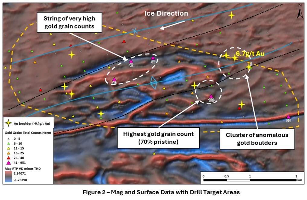 Figure 2- Mag and Surface Data with Drill Target Areas (CNW Group/Targa Exploration Corp.) Figure 2- Mag and Surface Data with Drill Target Areas (CNW Group/Targa Exploration Corp.)