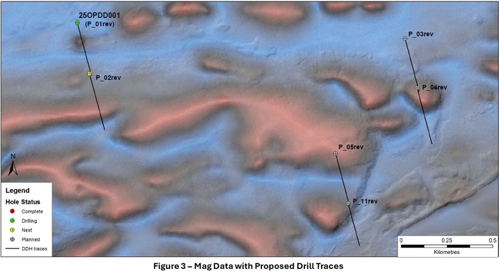 Figure 3 - Mag Data with Proposed Drill Traces (CNW Group/Targa Exploration Corp.) Figure 3 - Mag Data with Proposed Drill Traces (CNW Group/Targa Exploration Corp.)