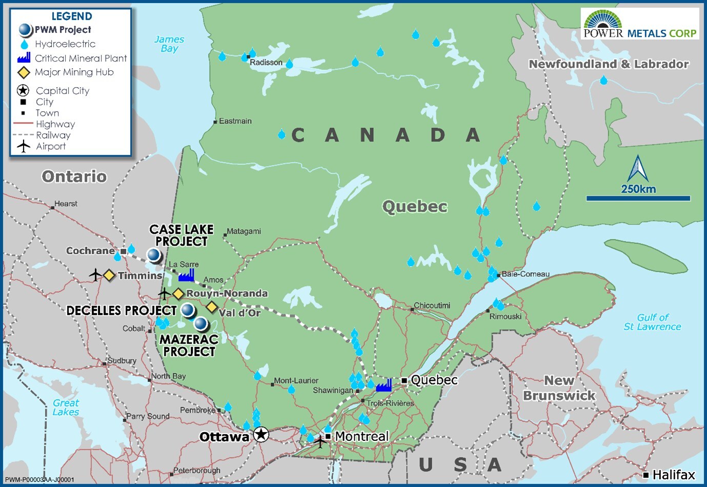 Figure 1 – Power Metals Corp Project Locations Map in Ontario and Quebec Canada (CNW Group/Power Metals Corp.) Figure 1 – Power Metals Corp Project Locations Map in Ontario and Quebec Canada (CNW Group/Power Metals Corp.)