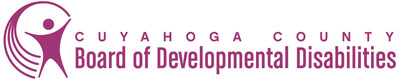 Cuyahoga County Board of Developmental Disabilities logo: The name, with a figure stepping forth from an arc, all in plumberry pink