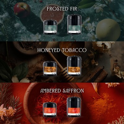 ScentAir's new modern take on fall fragrance: Frosted Fir, Honeyed Tobacco, and Ambered Saffron.