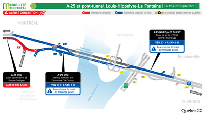 A-25 et pont-tunnel Louis-Hippolyte-La Fontaine, du 19 au 20 septembre (Groupe CNW/Ministère des Transports et de la Mobilité durable)