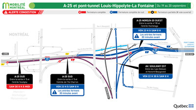 A-25 et pont-tunnel Louis-Hippolyte-La Fontaine, du 19 au 20 septembre (Groupe CNW/Ministère des Transports et de la Mobilité durable)