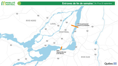 Entraves de fin de semaine, du 19 au 22 septembre (Groupe CNW/Ministère des Transports et de la Mobilité durable)