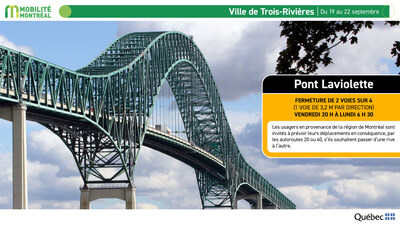 Ville de Trois-Rivières, du 19 au 22 septembre (Groupe CNW/Ministère des Transports et de la Mobilité durable)