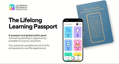 Learning Economy Foundation graphic with text ‘The Lifelong Learning Passport.’ On the right, a blue booklet labeled ‘The Lifelong Learning Passport’ and a smartphone screen show the LearnCard app with icons for AI Sessions, Skills, Boosts, and Achievements.