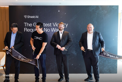 From left: a senior AIDC representative; Brandon Tseng, Shield AI president and co-founder; Nathan Michael, Shield AI chief technology officer; and Matt Starner, Shield AI Taiwan country director, at the ribbon-cutting ceremony.