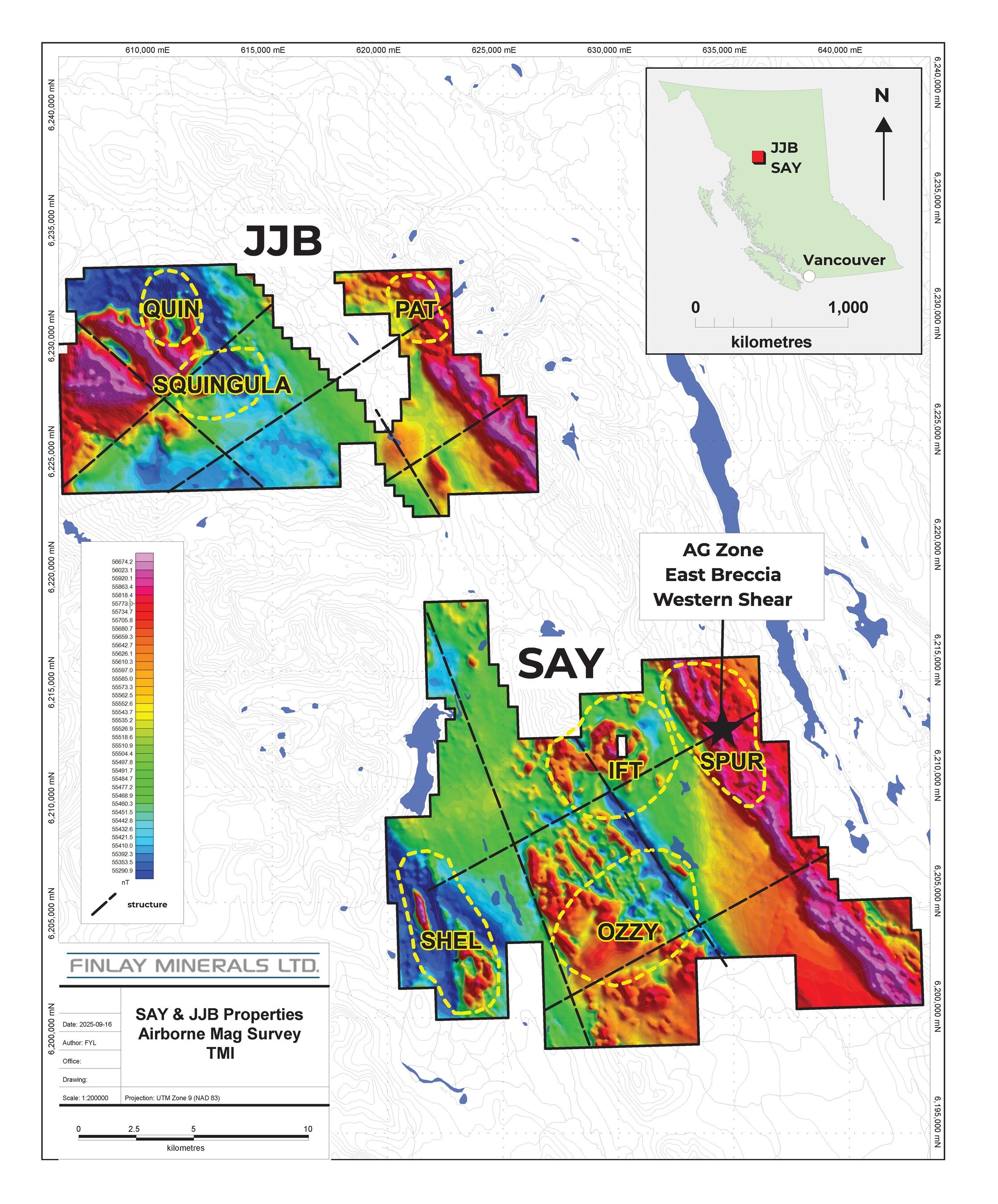 Figure 1.  2025 airborne magnetic surveys, structural trends and target areas on the SAY and JJB properties (CNW Group/Finlay Minerals Ltd.)