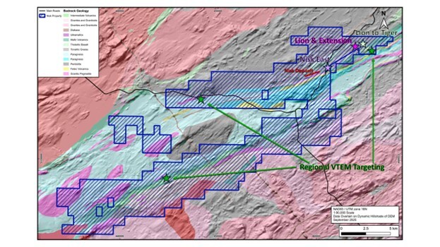 Figure 1: Land package overlain on basin geology with Summer program drill locations (CNW Group/Power Metallic Mines Inc.)
