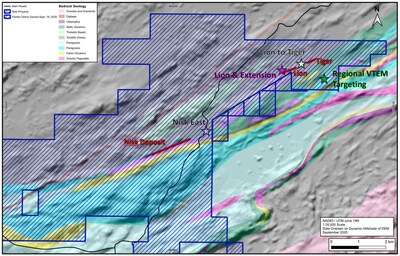 Figure 5: Land package overlain on basin geology with summer program drill locations (CNW Group/Power Metallic Mines Inc.)