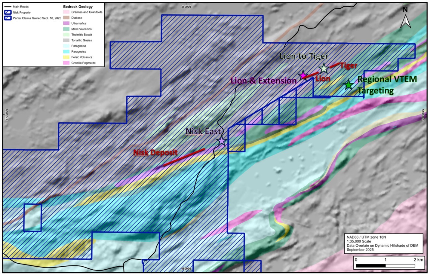 Figure 5: Land package overlain on basin geology with summer program drill locations (CNW Group/Power Metallic Mines Inc.)