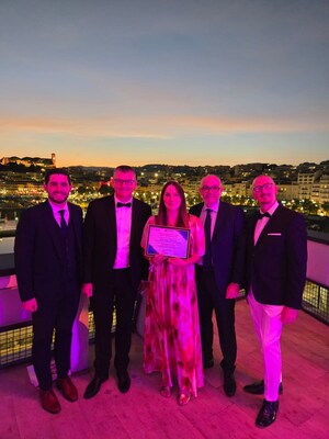 Alizé VIALLE receiving the 2025 SFC Young Researcher Award at IFSCC Congress Galais held at the Palais des Festivals in Cannes, France Left to right: Clément Milet (Laboratory Director, CTIBIOTECH), Dr Richard LEROUX (President SFC), Alizé VIALLE (Project Manager, CTIBIOTECH), Dr Stéphane POIGNY (Vice President SFC), Prof Colin McGUCKIN (President and Chief Scientific Officer, CTIBIOTECH)
