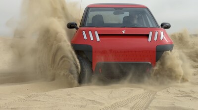 The TELO Truck drifting through sand dunes in Pismo Beach, CA