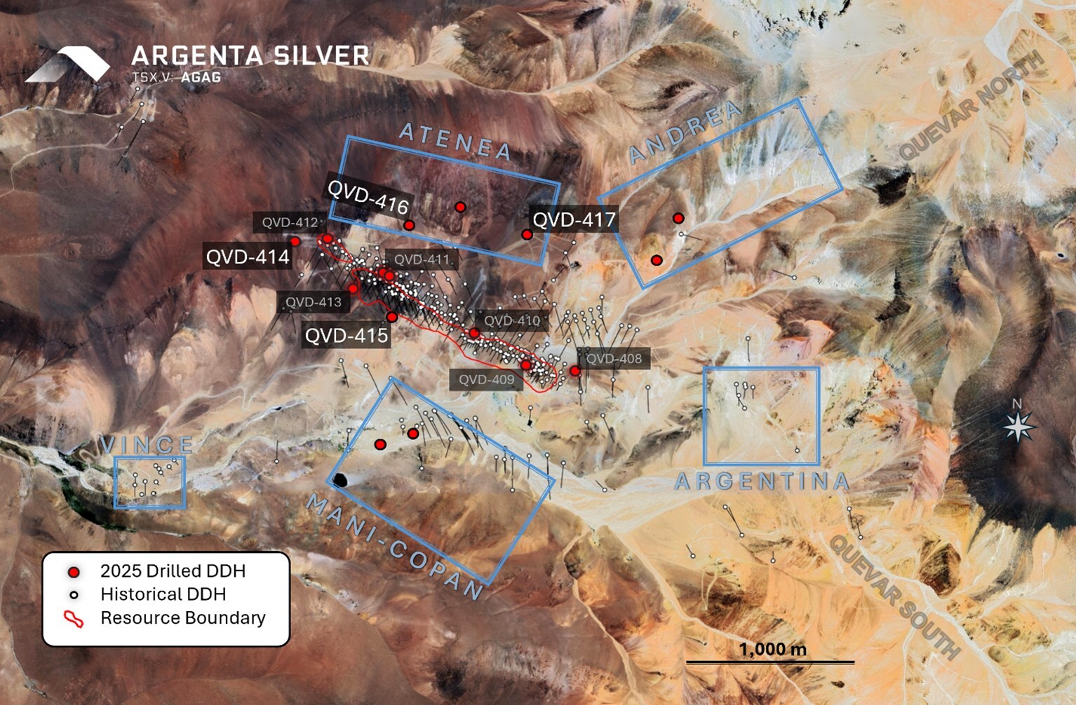 Figure 01: Map showing the location of historical collars and newly drilled holes from the 2025 drill program. (CNW Group/Argenta Silver Corp.) Figure 01: Map showing the location of historical collars and newly drilled holes from the 2025 drill program. (CNW Group/Argenta Silver Corp.)