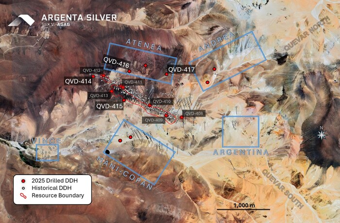 Figure 01: Map showing the location of historical collars and newly drilled holes from the 2025 drill program. (CNW Group/Argenta Silver Corp.)