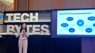 Ji Eun Chung, CEO of CODIT, delivers a presentation on AI-driven regulatory compliance innovations to government officials and policy leaders during a speech session at the TechLaw Fest event.