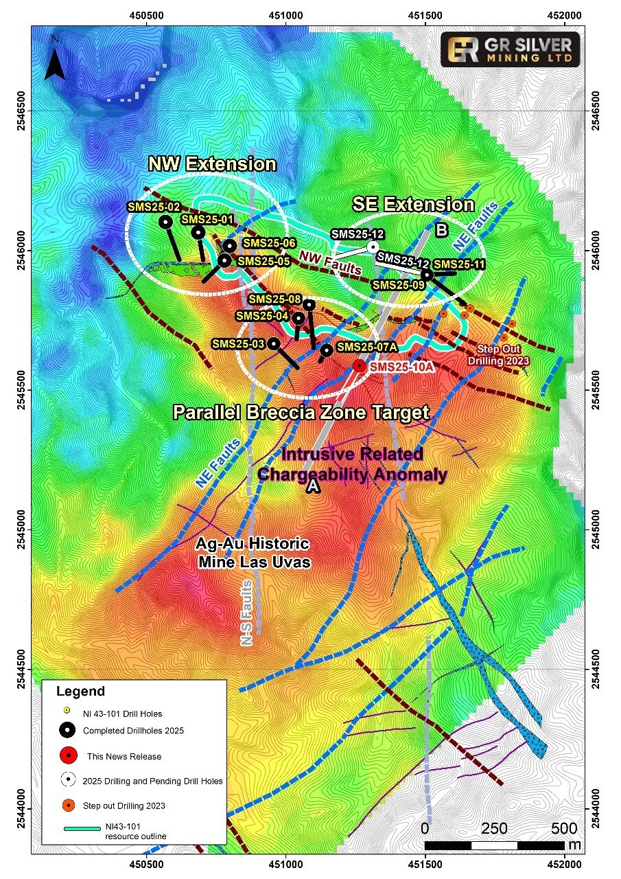 Figure 1 Location Map – Drill Hole SMS25-10A Location in the Current Parallel Breccia Drilling Program and Intrusive Related Chargeability Anomaly (CNW Group/GR Silver Mining Ltd.) Figure 1 Location Map – Drill Hole SMS25-10A Location in the Current Parallel Breccia Drilling Program and Intrusive Related Chargeability Anomaly (CNW Group/GR Silver Mining Ltd.)