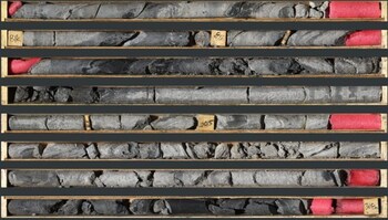 Photo 2: TS25-002D1 300.3 to 308.0 m—grey facies laminated sphalerite and barite. (CNW Group/Fireweed Metals Corp.)