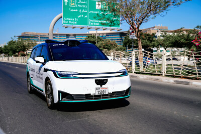 Apollo Go's sixth-generation autonomous vehicle (RT6) in urban Dubai