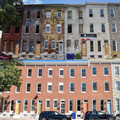 Before and after: 400 East Biddle Street, transformed from abandoned homes into four redeveloped rowhomes as part of Baltimore’s revitalization efforts. (Credit: ReBUILD Metro)