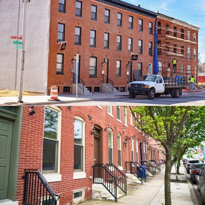 Before and after: Revitalized Baltimore rowhomes at 1700 Biddle Street, just blocks from Johns Hopkins Hospital. (Credit: ReBUILD Metro & Kin Kelley-Chung)