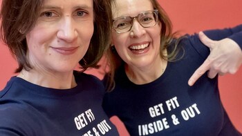Liv Labs founders selfie in "Get Fit, Inside and Out" graphic T-shirts.