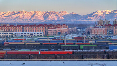 Rolling stock lined up on the standard gauge railway in Horgos Port in the Xinjiang Uygur autonomous region.