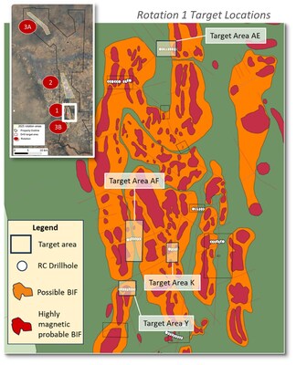 Target areas for Rotation 1 of the 2025 reverse circulation drilling program at the Kraaipan Gold Project, Botswana. (CNW Group/North Arrow Minerals Inc.)