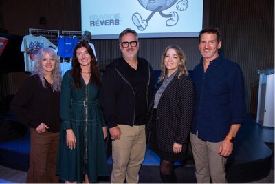 Photo from the Bravado x REVERB Climate Week event, left to right: Maggie Baird (mother of Billie Eilish and FINNEAS, who are on Bravado’s roster); Madeline Weir, Director of Impact, REVERB; Matt Young, President, Bravado; Dylan Siegler, SVP, Head of Sustainability, UMG; Adam Gardner, Co-Founder, REVERB. 
Photo by Larry Busacca.