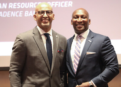 (l to r) Cadence Bank's Jerrell Moore, senior EVP and chief human resources officer, and SIAC Commissioner Anthony Holloman, Ed.D. announce Cadence Bank as the official banking sponsor of the Southern Intercollegiate Athletic Conference (SIAC), furthering the bank's vision of helping people, companies and communities prosper. Photo courtesy of SIAC/Jaymonte McLeod