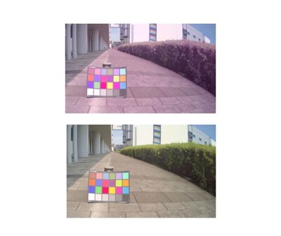 IMX775 image comparison. Top: Without NIR component removal algorithm. Bottom: With NIR component removal algorithm