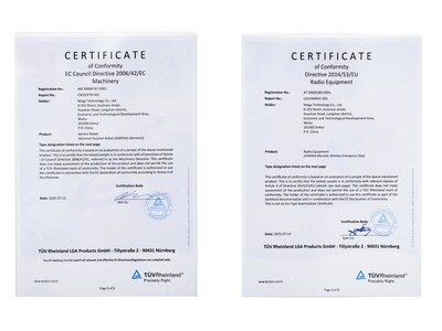 CE-MD Certificate (EU Machinery Directive) & CE-RED Certificate (EU Radio Equipment Directive)